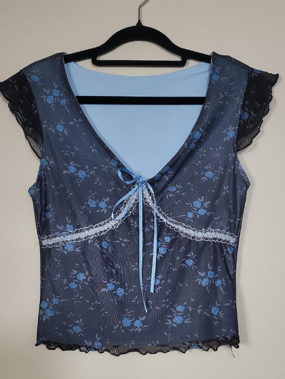 Romwe Floral Babydoll Top Size XS Black Blue Y2K 90s Mesh Overlay Coquette Goth